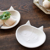 日本益子燒吉澤窯白色貓臉迷你盤