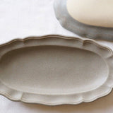 日本益子燒吉澤窯深米灰色花邊長橢圓盤