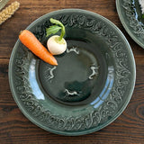 日本益子燒吉澤窯絨綠色釉面裂紋馬盤